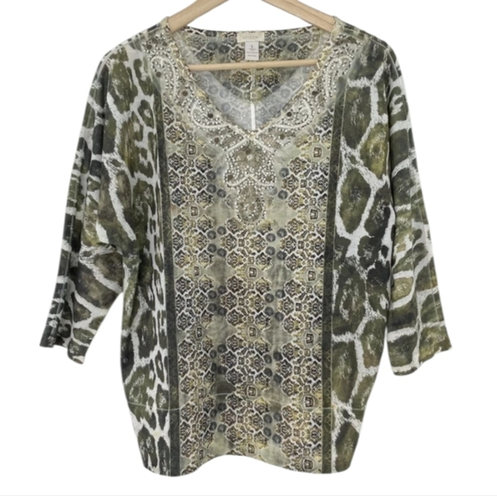 Chico's Women's Top Beaded Embellished V Neckβ 3/4 Sleeve Green Size 2 Large